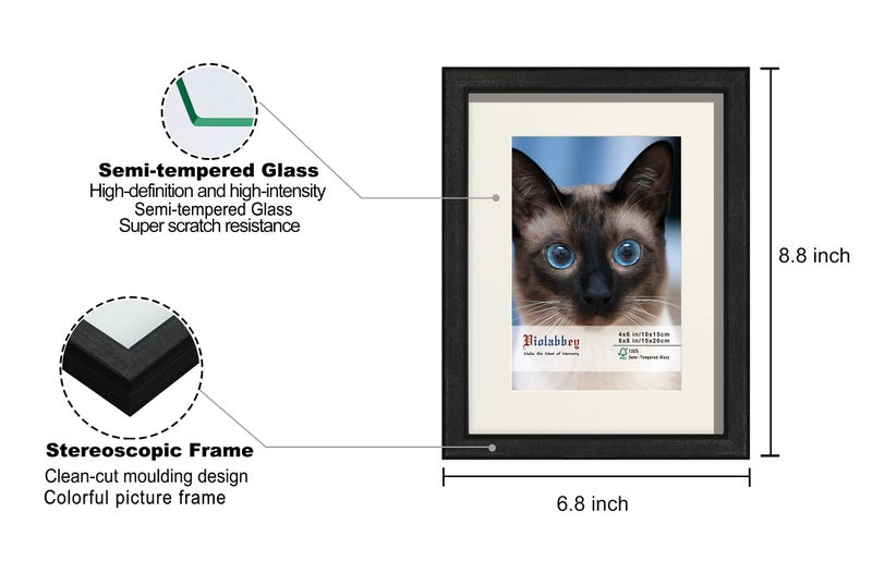 VIOLABBEY 6x8 Picture Frame Black, Photo Frame Set of 4, Display 4x6 Photo with Mat and 6x8 without Mat, Wall or Tabletop, HD Real Glass - Image 3